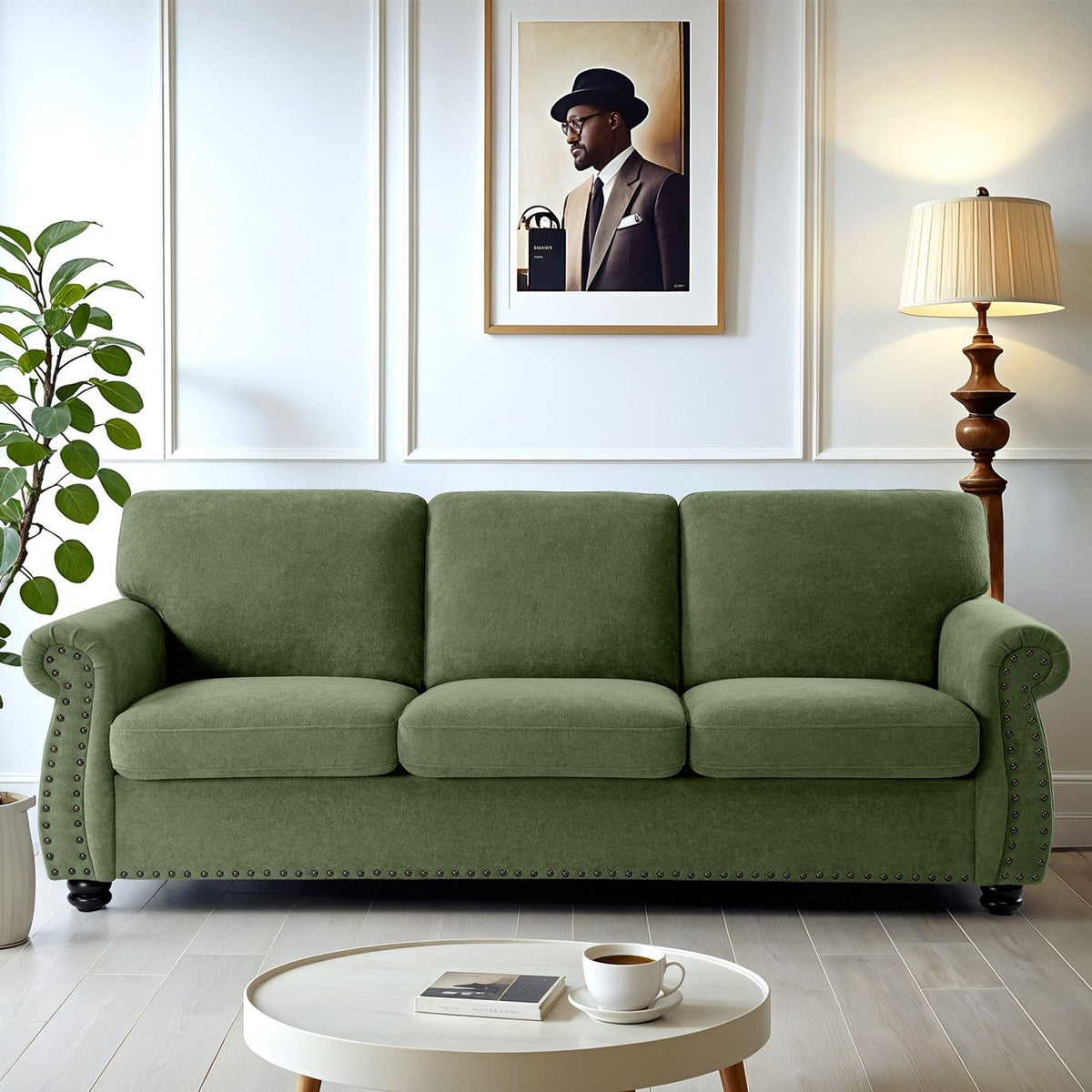 Soft Sofa, Upholstered 3 Seater Couch With High Density Foam, Loose Back Cushions And Turned Legs