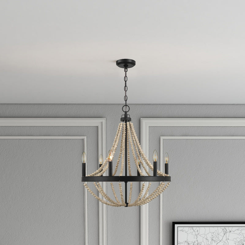 Starry - Chandelier 6 Candle Light Wood Beaded Pendant Light For Dining Room - Black / Clear