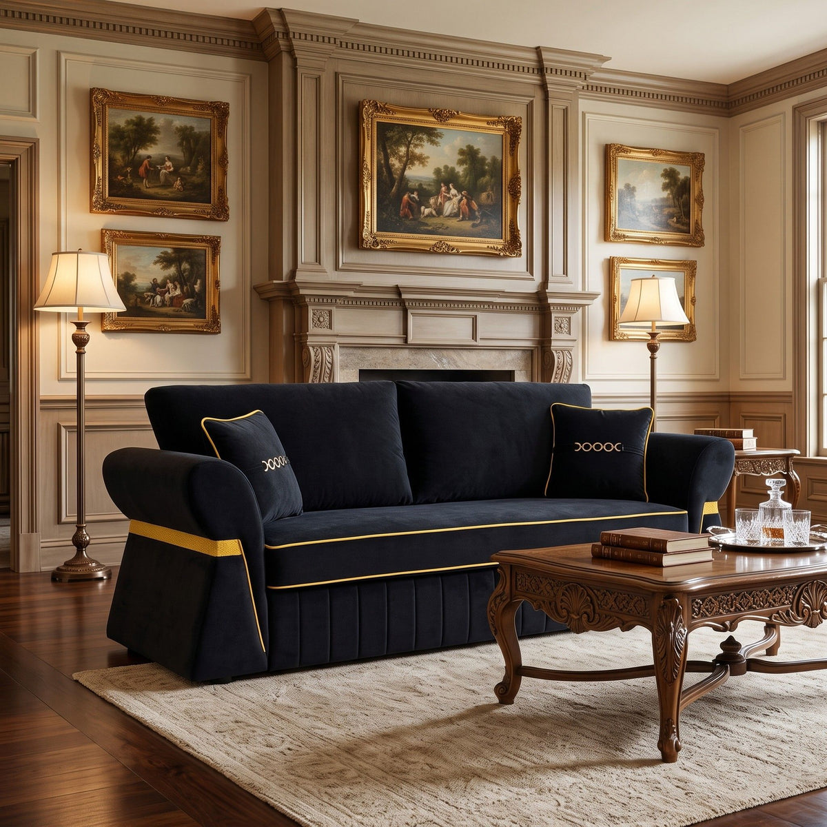 Three-seat dark navy sofa with gold piping, accent pillows, and pleated base