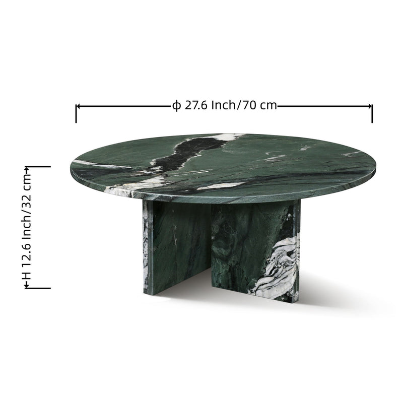 Round dark green marble coffee table with white veining and block pedestal base
