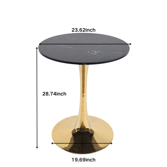 Round pedestal dining table with dark gray marble-look top and gold pedestal base