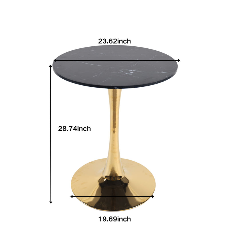 Round pedestal dining table with dark gray marble-look top and gold pedestal base