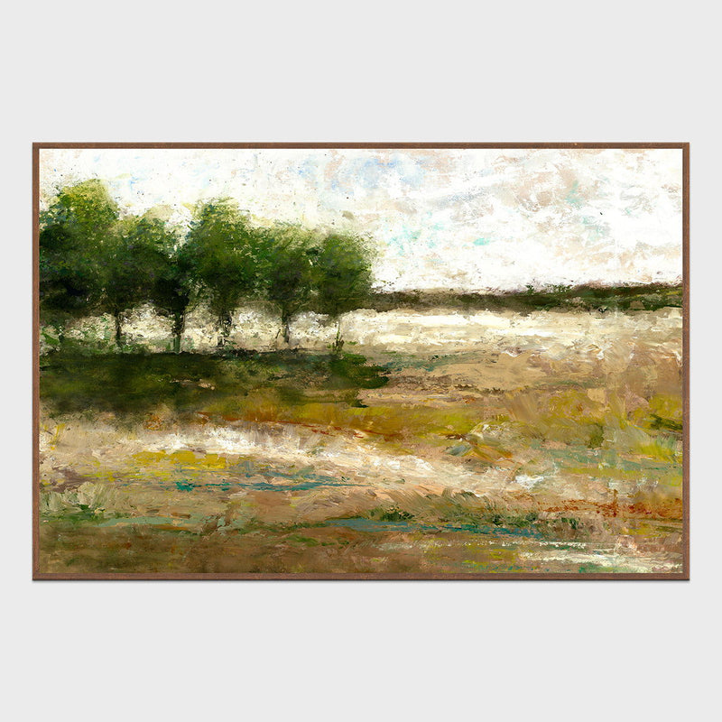 Framed landscape painting, green trees and light brown fields on rectangular canvas