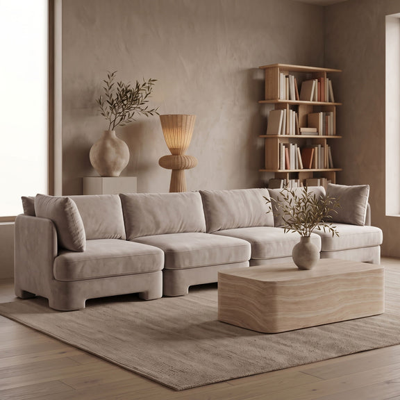 Light gray velvet performance fabric modular sectional sofa with deep seat and back pillows