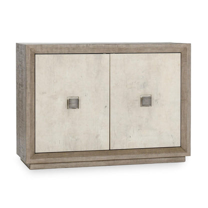 Gray solid wood cabinet with two doors, inset light panels, and square metal pulls