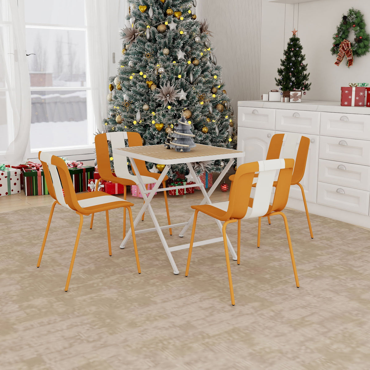 4 Piece Set Of Modern Striped Single Chairs With Folding Square Table