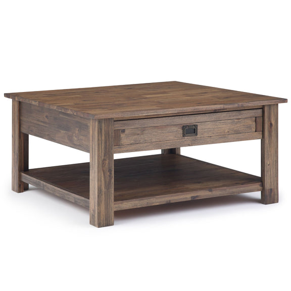 Monroe handcrafted side table, warm brown wood with drawer and bottom shelf