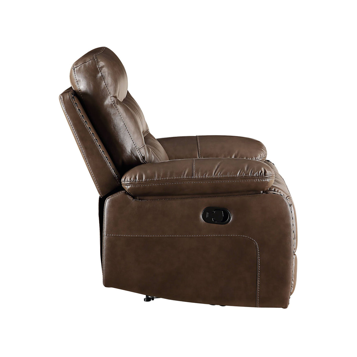 Brown leather push-back recliner chair with padded armrest and oval control panel