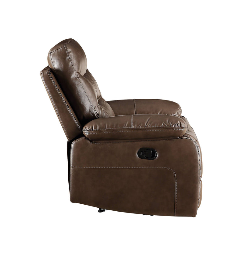 Brown leather push-back recliner chair with padded armrest and oval control panel
