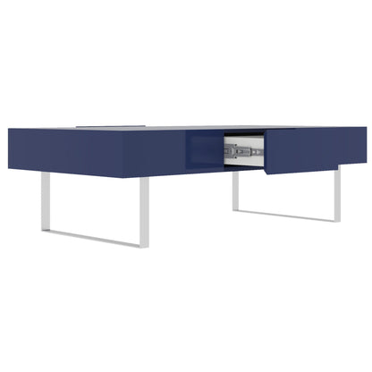 Blue rectangular coffee table with pull-out hidden storage drawer