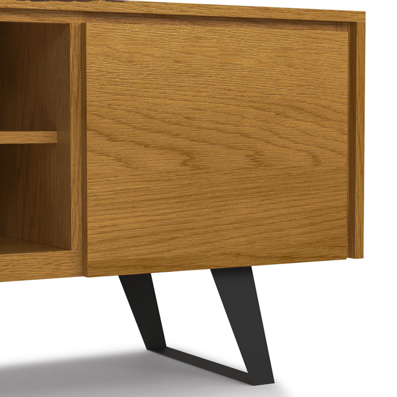Light brown media stand side with wood panel, open shelf, and black angled legs