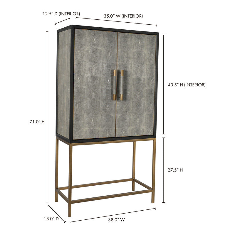 Gray bar cabinet with two-panel concrete doors, brass-toned hardware, and lower open shelf