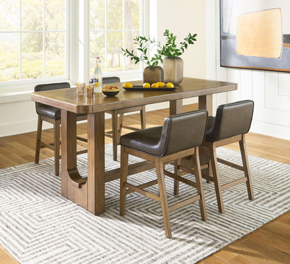 Rectangular dining counter table set with dark gray upholstered chairs, light brown wood.
