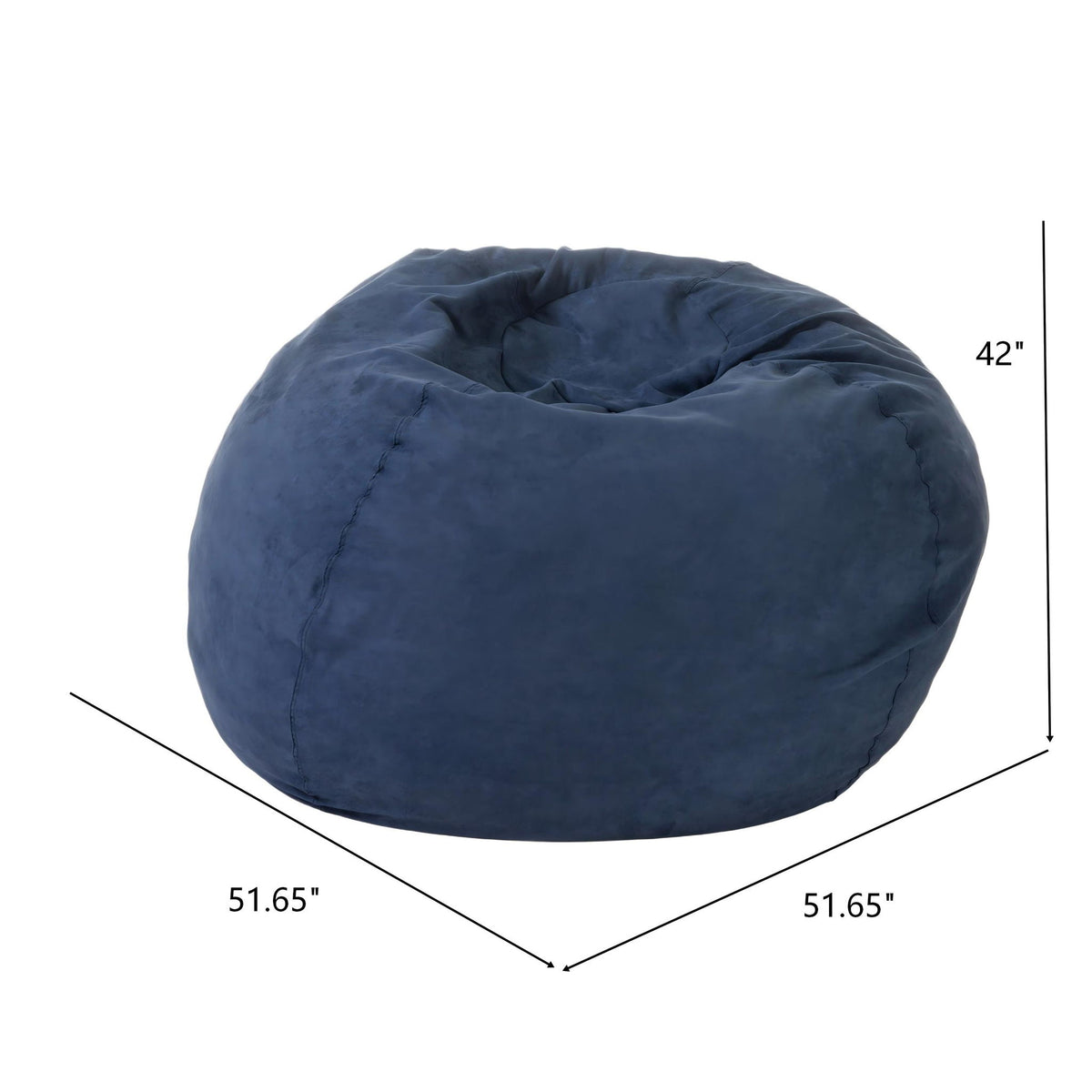 Blue bean bag chair with rounded shape and quilted seam detailing