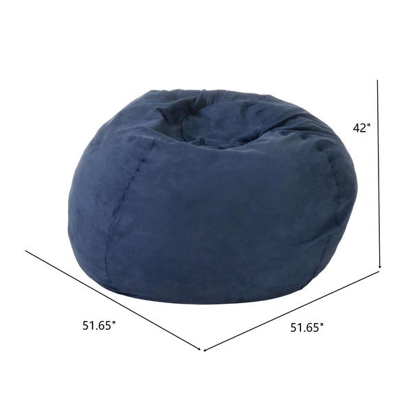 Blue bean bag chair with rounded shape and quilted seam detailing