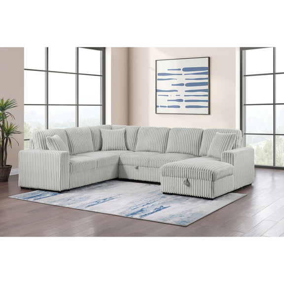 Light gray sectional sofa with chaise and striped upholstery, tufted seat cushions