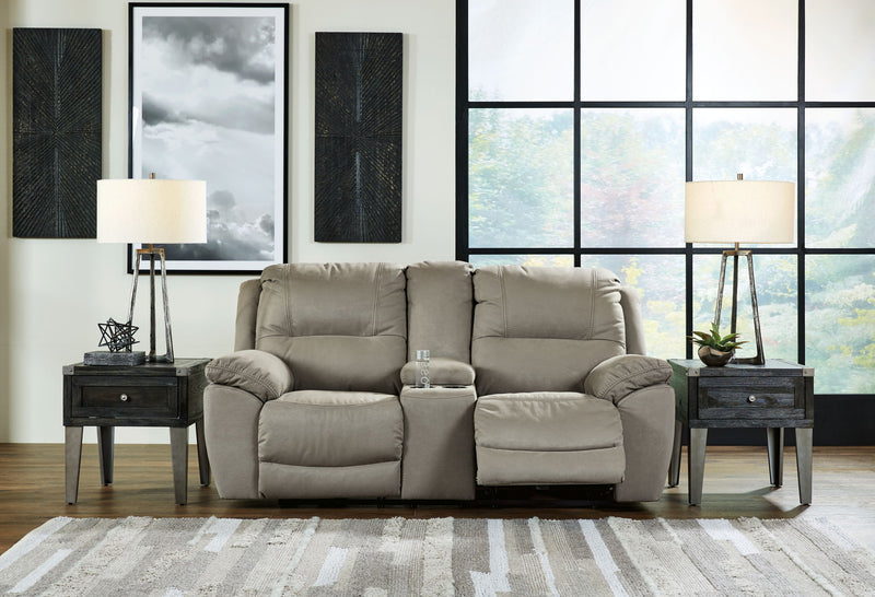 Putty reclining sofa with attached console, dual cup holders, and padded chaise seat