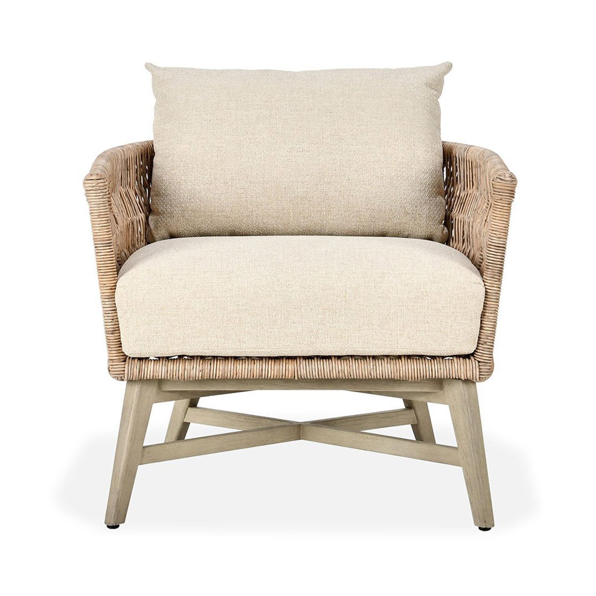 Outdoor accent chair with tall woven sides, sand upholstered seat, and back cushion