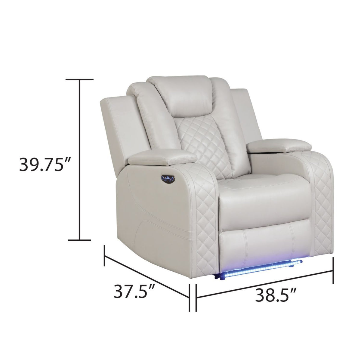 Beige power recliner chair shown with dimensions; adjustable headrest and LED base strip.