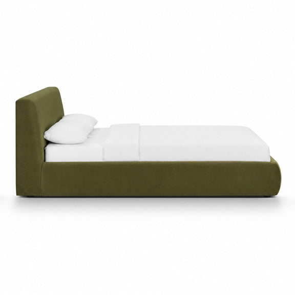 Dark green performance velvet bed with square headboard, low platform, one side pillow