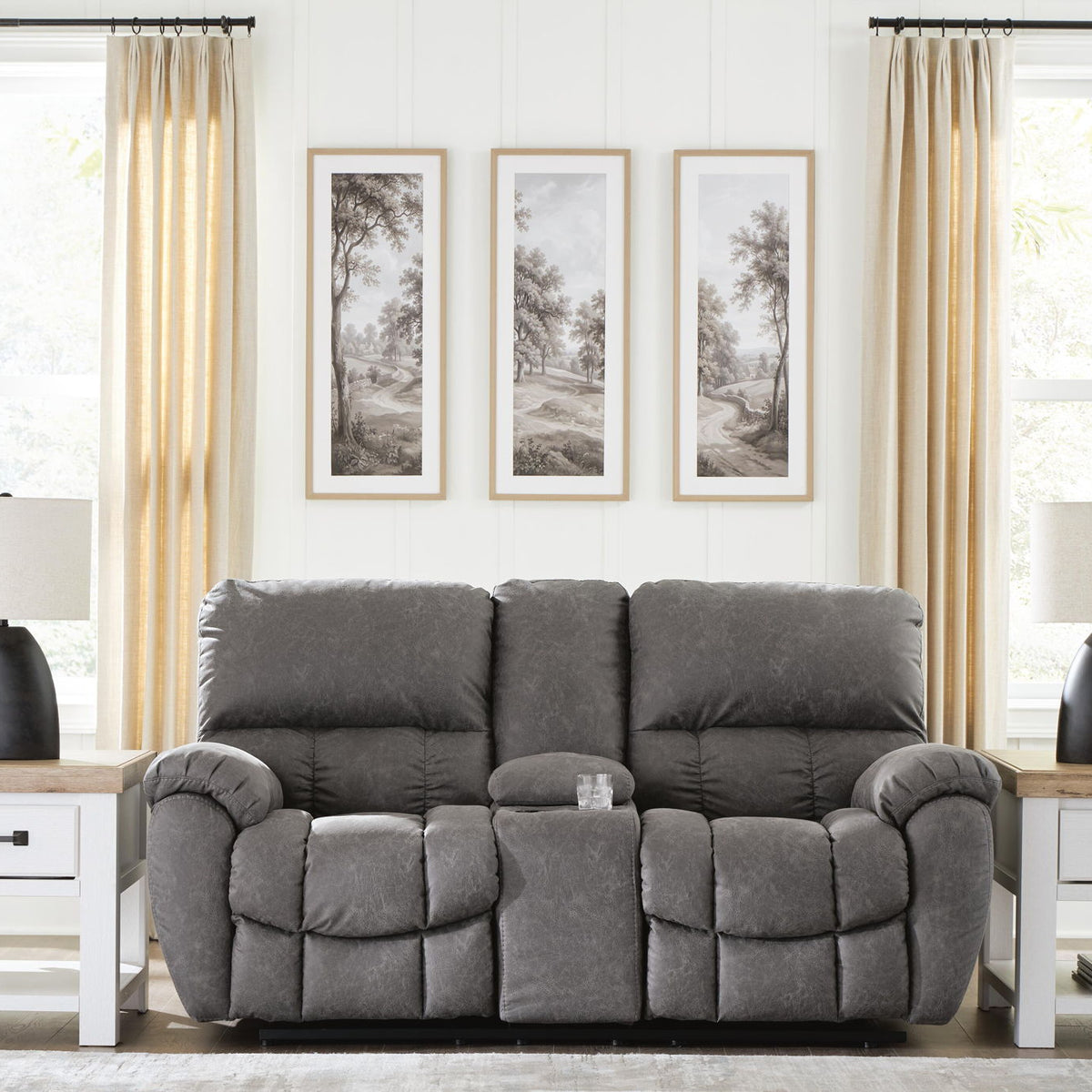 Power reclining loveseat with adjustable headrests, dark gray upholstered frame