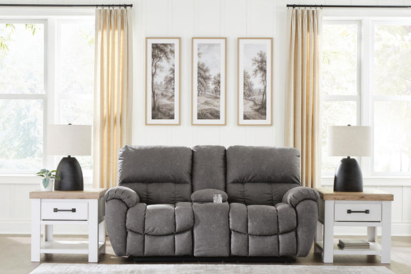 Power reclining loveseat with adjustable headrests, dark gray upholstered frame