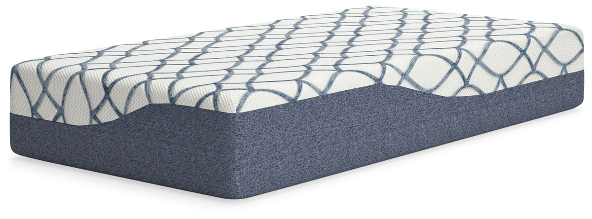 Twin-size mattress with blue and white patterned top, gray sides, and quilted edges.