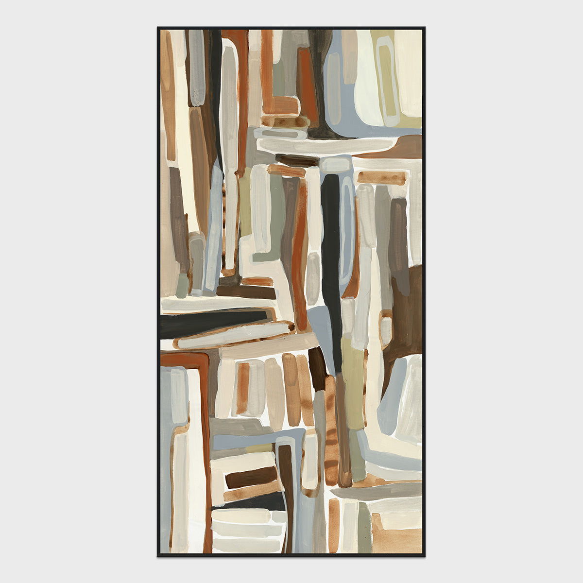 Framed abstract wall painting with vertical shapes in blue, beige, and gray