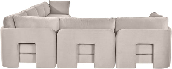 Light gray velvet corner sectional sofa with three front sections and low back pillows