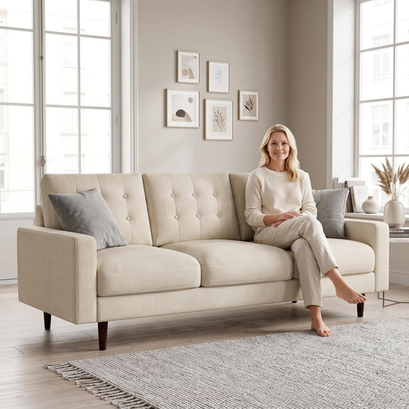 Beige three-seat sofa with button-tufted back, wide arms, and wood legs, shown with one seated person