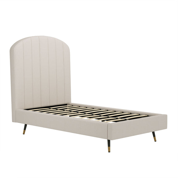 Light beige upholstered bed frame with arched channel headboard and slatted base