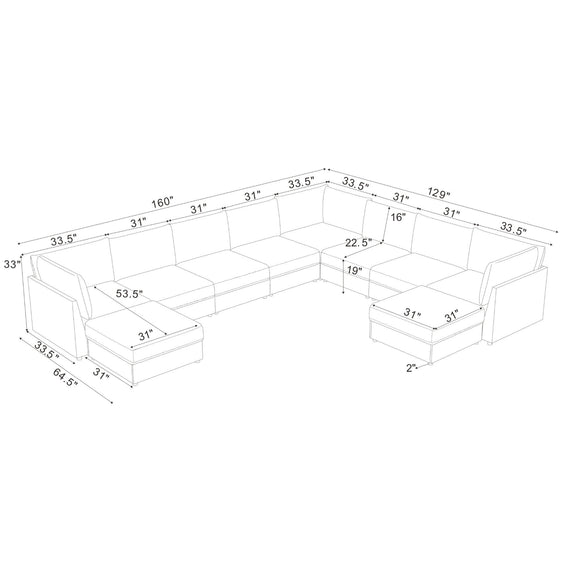 Modular sectional configuration diagram with labeled dimensions and ottoman seating