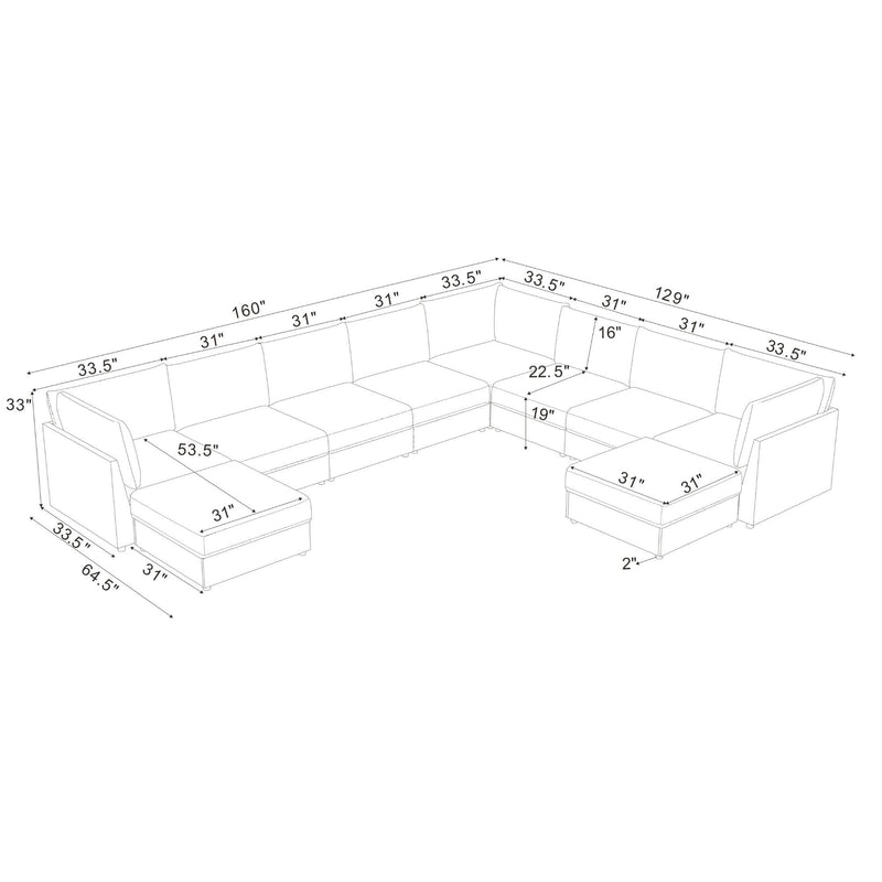 Modular sectional configuration diagram with labeled dimensions and ottoman seating