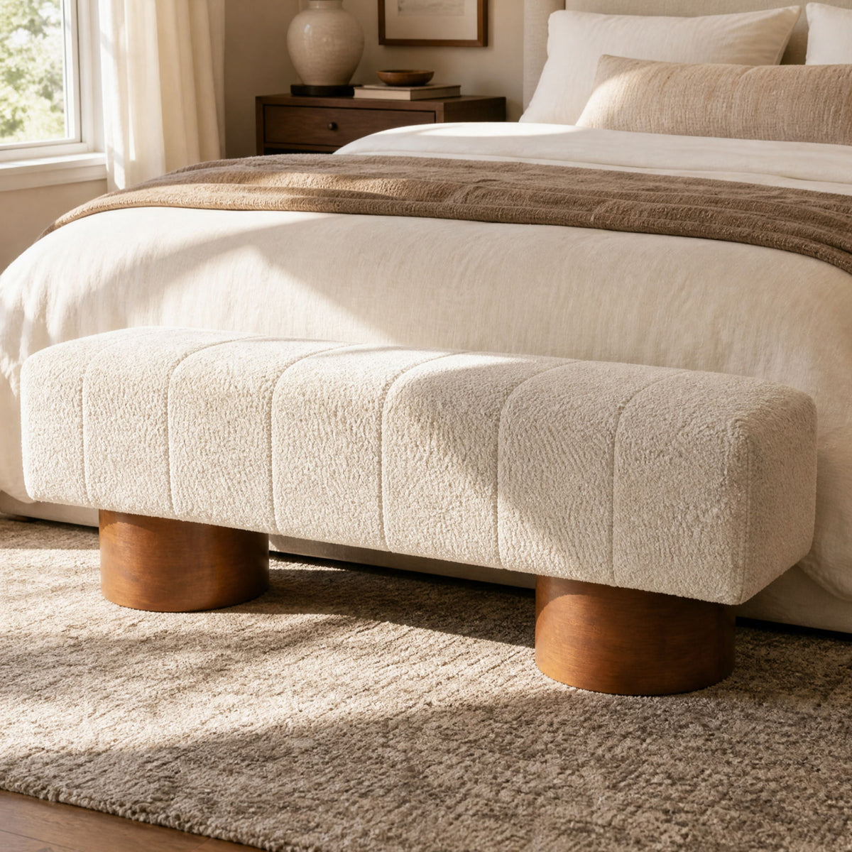 Beige upholstered dining bench with tufted seat and rounded wooden legs