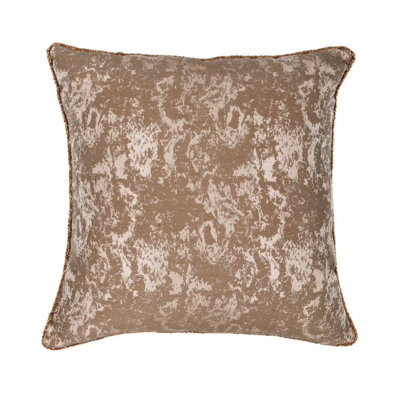 Textured throw pillow with mottled dark bronze pattern and piped edges, square shape