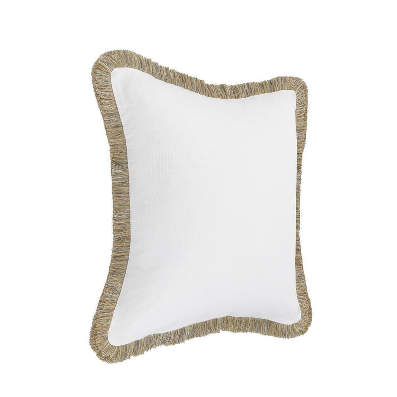 Ivory square pillow with tan fringed trim