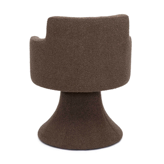 Dark brown boucle swivel dining chair side view, rounded back over pedestal base