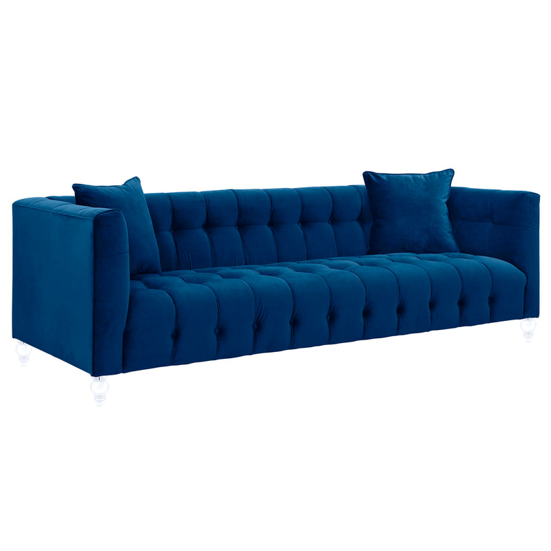 Blue velvet sofa with tufted back and seat, rolled arms, square legs