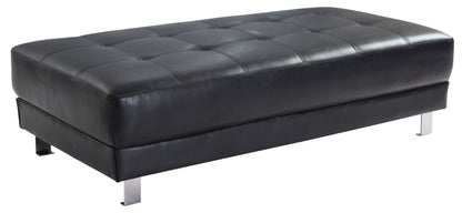 Black faux leather ottoman with diamond-tufted lid and metal legs
