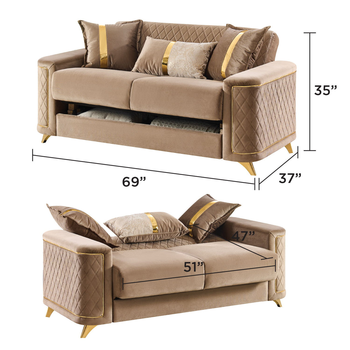 Beige loveseat dimensions 69in wide, 35in high; matching sleeper-style bench below
