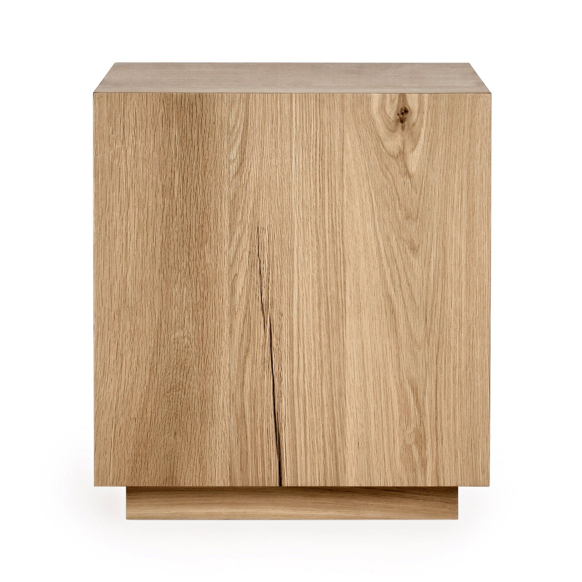 Square end table with light-brown wood finish and centered door seam