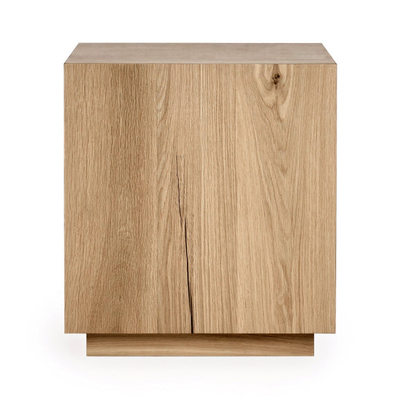 Square end table with light-brown wood finish and centered door seam