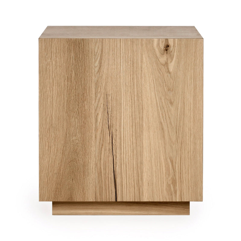 Square end table with light-brown wood finish and centered door seam