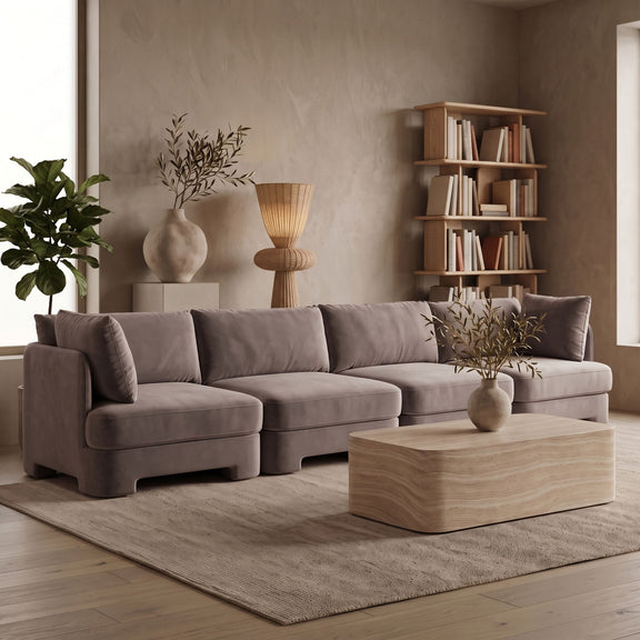 Light gray velvet performance fabric modular sectional sofa with boxed cushions and armrests