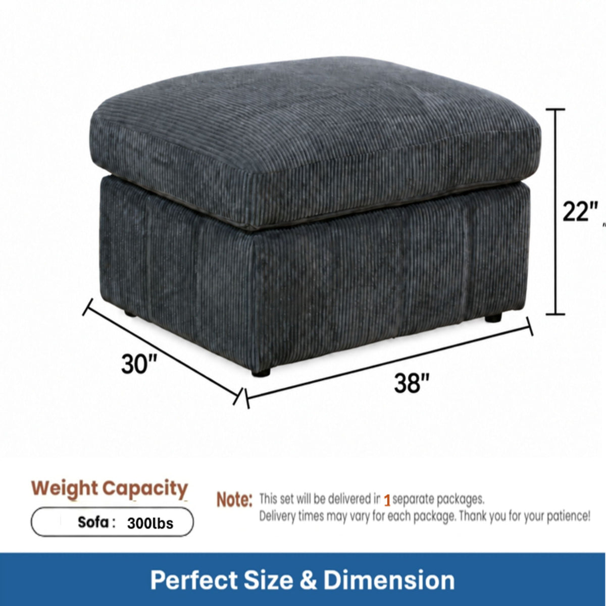 Dark gray ottoman with dimensions of 38 by 30 by 22 inches