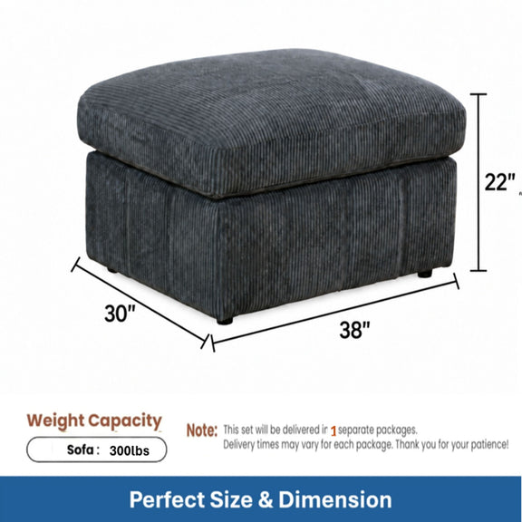 Dark gray ottoman with dimensions of 38 by 30 by 22 inches