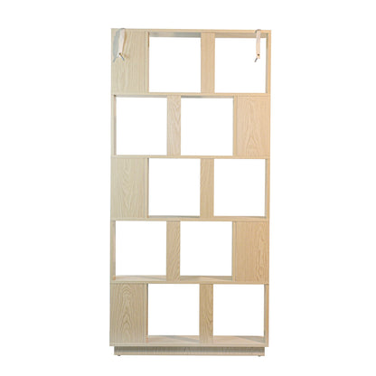 Light wood 5-tier open bookcase with open cubby shelves and vertical frame rails.