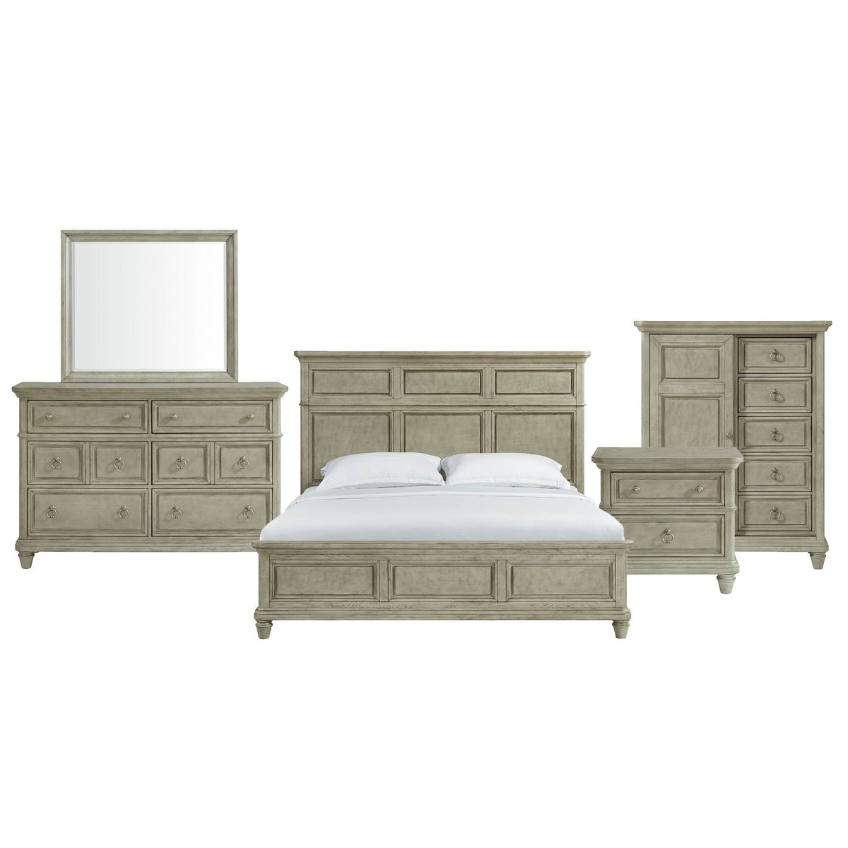 Panel bedroom set with bed, dresser, mirror, and nightstand in light gray finish