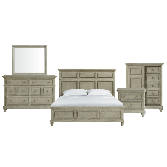 Panel bedroom set with bed, dresser, mirror, and nightstand in light gray finish
