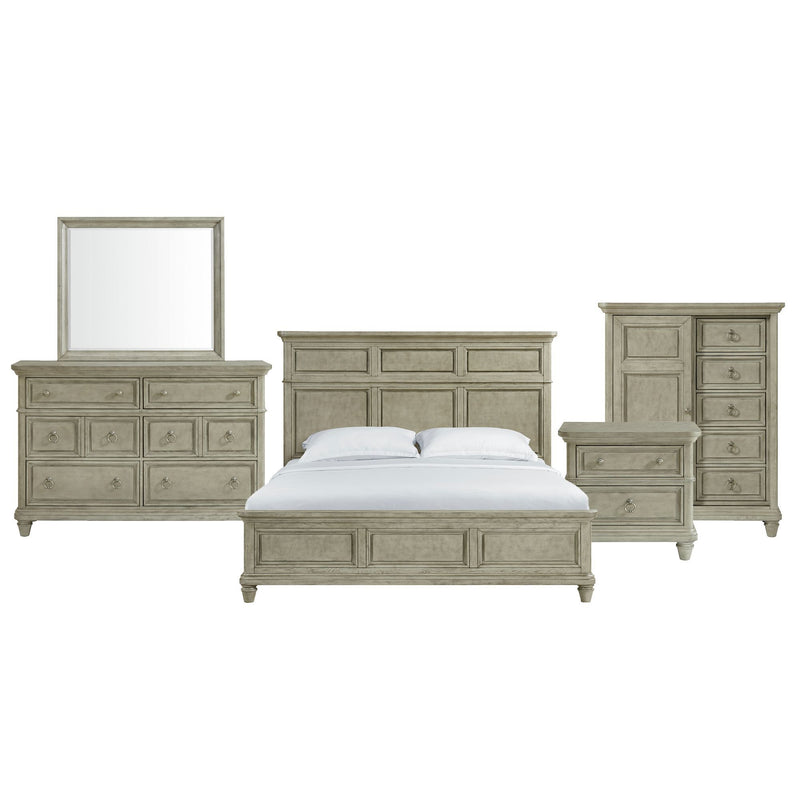 Panel bedroom set with bed, dresser, mirror, and nightstand in light gray finish